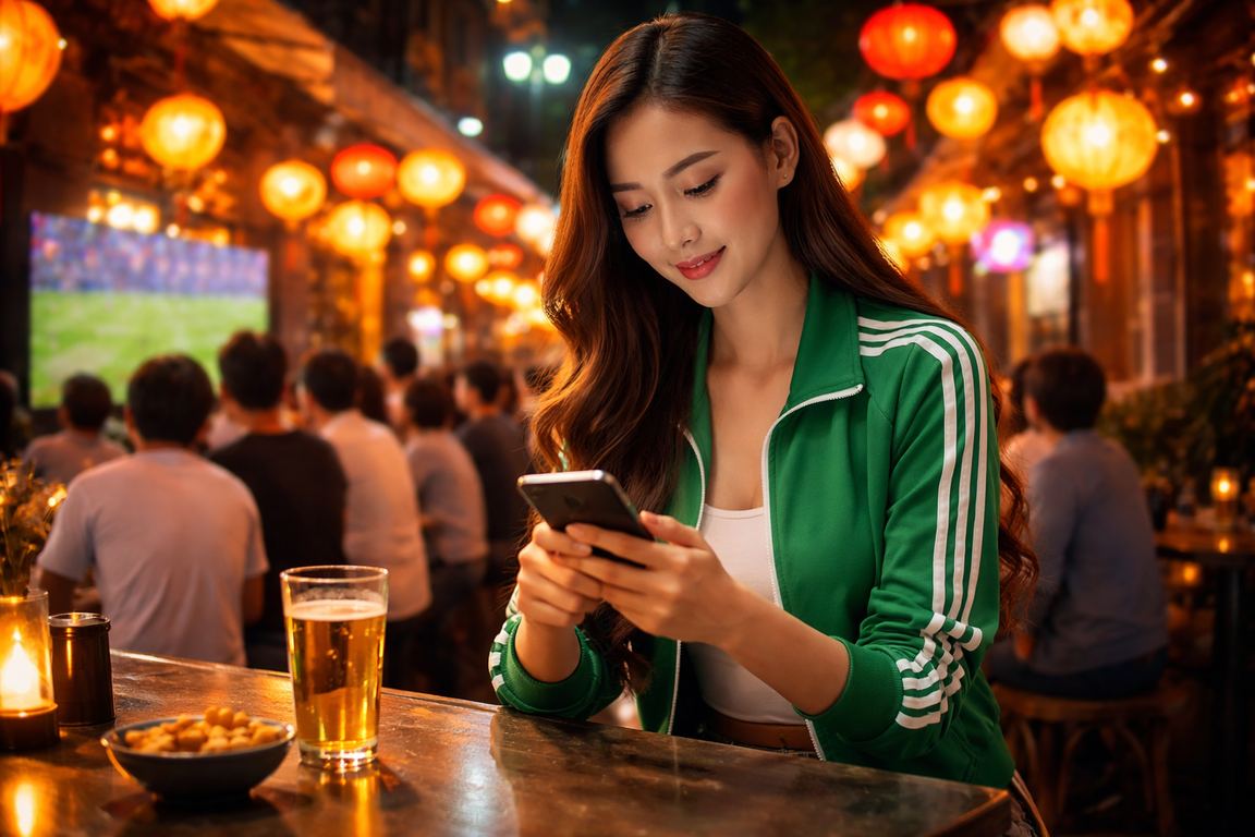 Người dùng Hà Nội theo dõi kèo bóng đá dưới ánh đèn lồng – không khí cá cược thể thao về đêm tại thủ đô